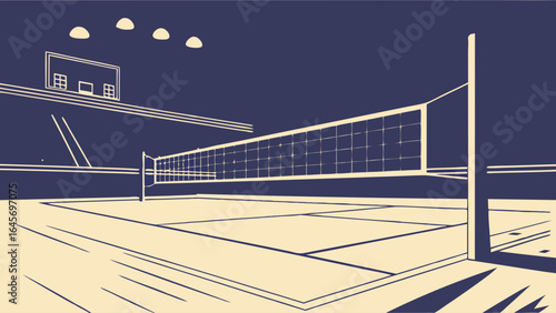 Indoor Volleyball Court with Net and Basketball Hoop Illustration.