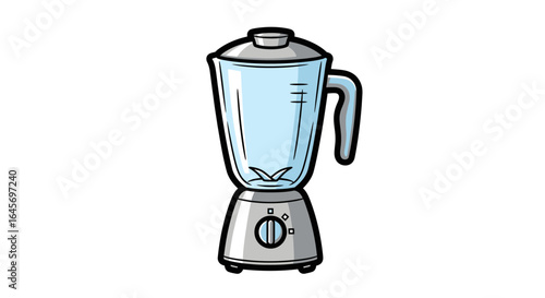Illustration of a light-blue blender against a white background, depicted in a simple cartoon style, showing a kitchen appliance ready for use, conveying a clean and