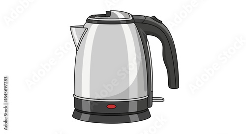 Studio shot of a stainless steel electric kettle with a black handle against a white background, showcasing its simple design and metallic sheen.