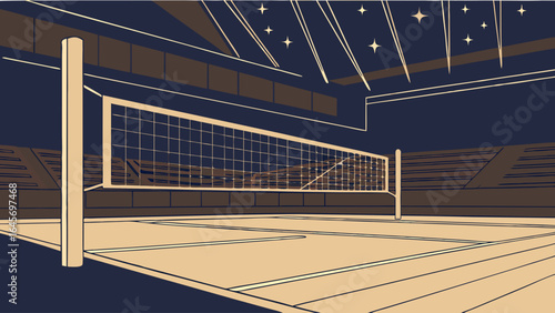 Indoor Volleyball Net and Court Beige and Brown Tones Night Setting.