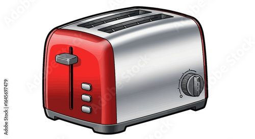 Close-up studio shot of a red and silver two-slice toaster with chrome controls against a white background, conveying a clean and modern aesthetic.