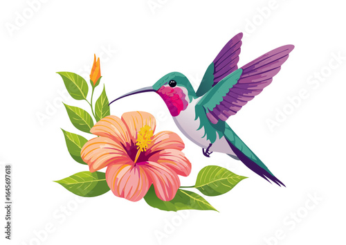 Vibrant hummingbird hovering near a blooming flower
