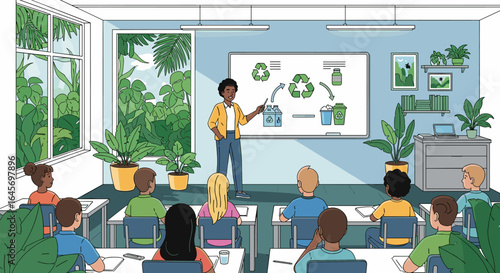 Teacher presenting recycling to students in a bright classroom with plants and a nature view