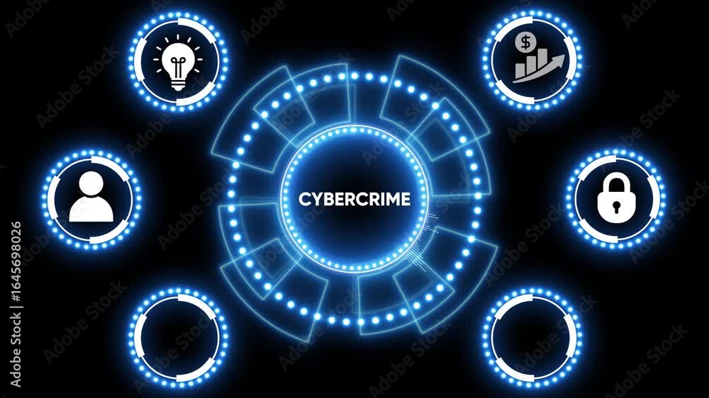 Animated abstract futuristic tech hud interface with glowing blue neon elements on black background