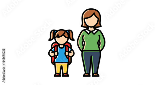 Flat illustration of a mother and daughter, the girl wearing a backpack, ready for school, in a simple, minimalist style with a cheerful, warm color palette against a