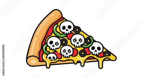 Cartoon pizza slice decorated with numerous skulls, dripping with melted cheese.