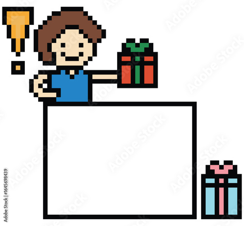 Pixel aer cute cartoon 8bit character man give gift box birthday christmas bonus reward surprise decoration 8 bit male boy give gift box shopping bonus christmas day game 8 bit png vector.