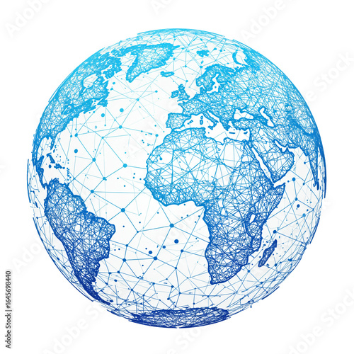 A digitally rendered blue globe illustrates worldwide connectivity and a complex network of data lines, symbolizing global communication and technological advancements across continents.