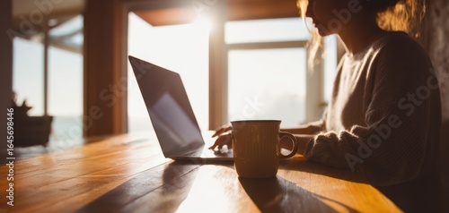 The laptop at sunlit cozy home office desk in warm morning light