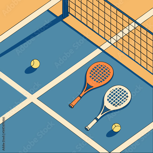 Isometric Illustration of Tennis Court with Equipment.