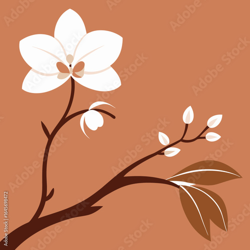 Stylized white orchid flower with buds and leaves on a brown branch against a warm terracotta background