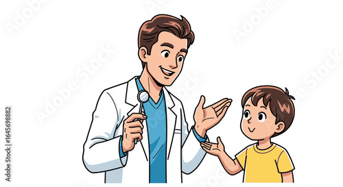 Friendly pediatrician showing a young boy a medical illustration against a white background in a cheerful, cartoon style illustration.