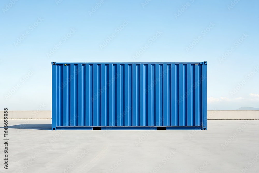 Obraz premium Blue Shipping Container on Concrete Ground – Logistics, Supply Chain, Freight, Industrial, Infrastructure, Global Trade