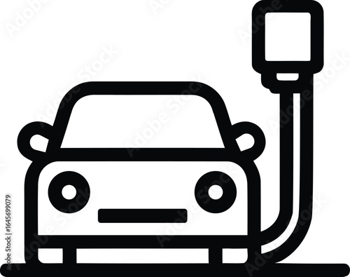 Electric automobile charges, connected with charging station in a minimalistic black lineart style on transparent background