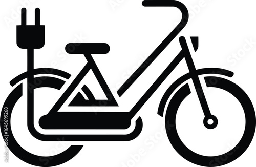 Black electric bicycle shows modern transportation methods with a power plug, all on transparent background