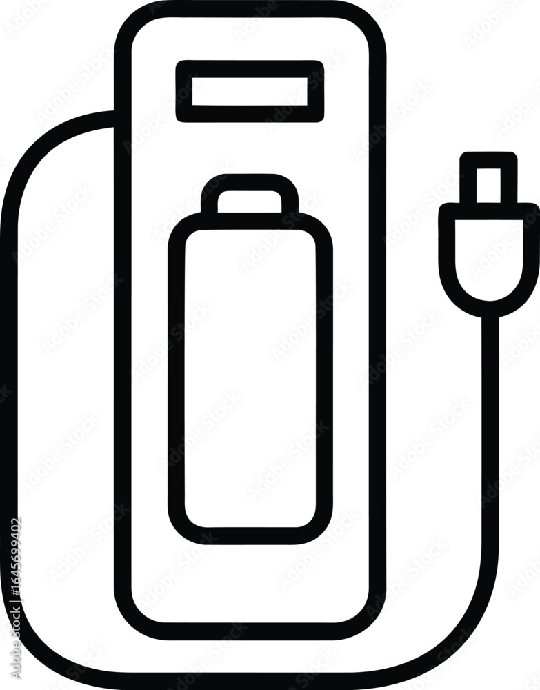 Depicts minimalistic charging device with plugged cord and a display in outline style on transparent background Depicts minimalistic charging device with plugged cord and a display in outline style on transparent background