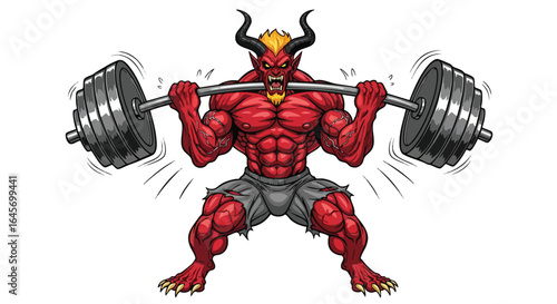 Red demon lifting a heavy barbell, showcasing strength and determination in a dynamic pose.