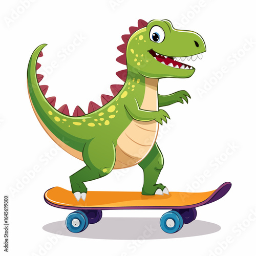 Cheerful green T-Rex dinosaur character happily riding a skateboard. Funny cartoon prehistoric animal illustration.