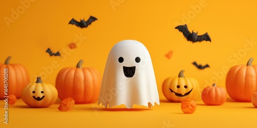 Smiling ghost with pumpkins and bats on a bright orange background