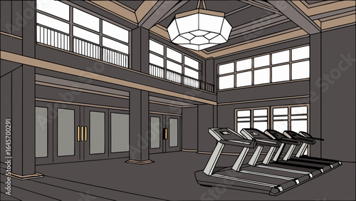 Modern Gym Interior with Four Treadmills and Elegant Architectural Details.