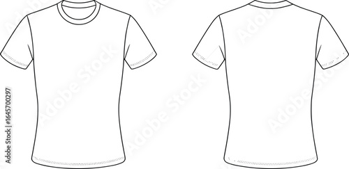 Cad drawing flat vector illustration of blank t-shirt, front view, back view, fashion design, garment sketch, clothing template, apparel mockup