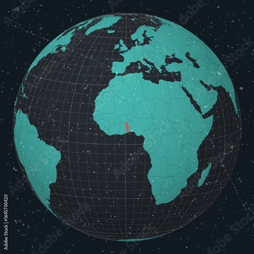 Togolese Republic on Globe. Vintage look with grunge scratched texture. Country view on world map in Dark Charcoal Turquoise color palette. Togo shape on map. Globe with meridians and parallels.