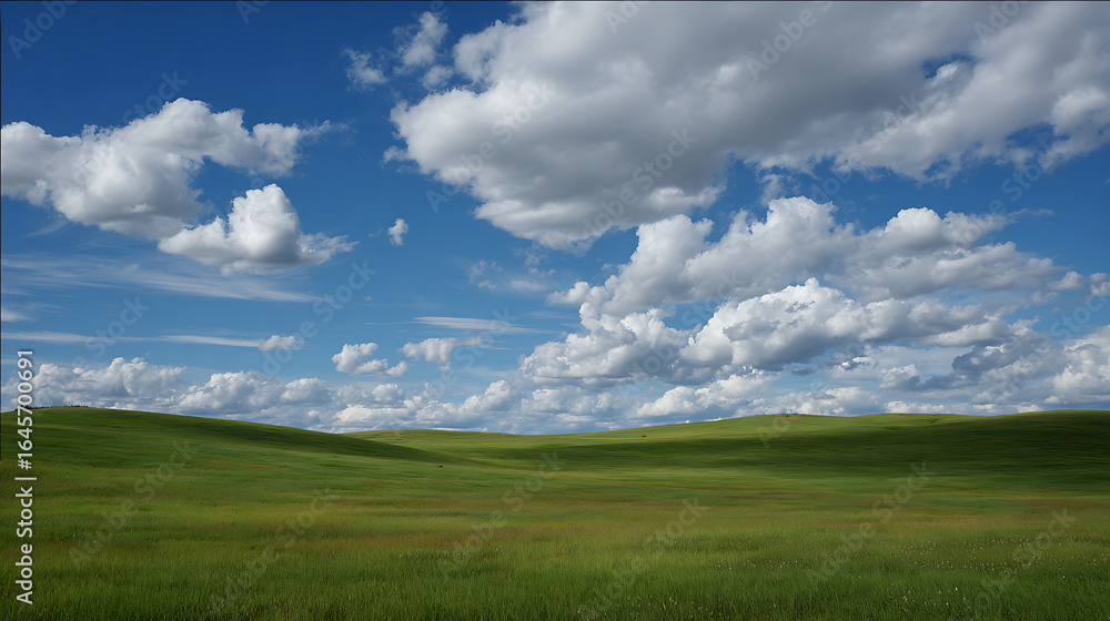 Obraz premium A vibrant green meadow under a clear blue sky speckled with white fluffy clouds (2)