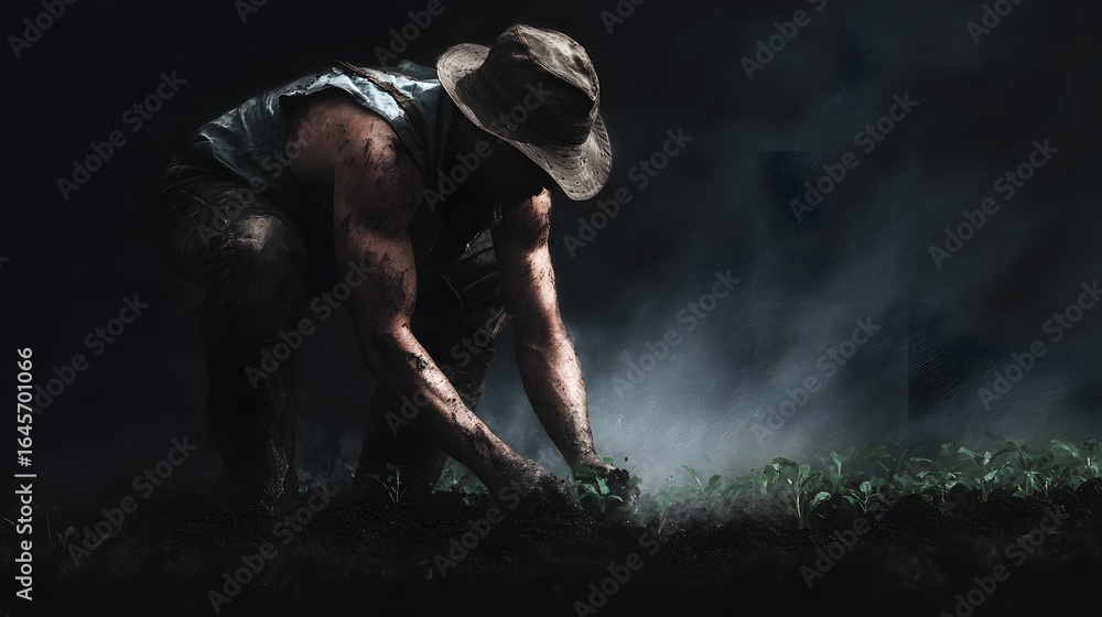 Obraz premium Farmer planting seedlings by hand in a dimly lit field