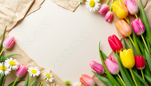 Colorful Tulip and Daisy Floral Frame on Beige Background with Textured Paper, Top View for Spring Season Template                                    