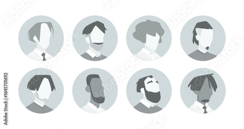 Vector set of diverse male business avatar placeholders in circular frames, without facial features. Includes various hairstyles, beards, and ethnic types for profile or app use.