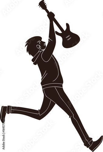 Energetic rock guitarist jumping mid performance with guitar silhouette