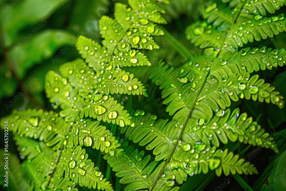 Obraz premium Fern frond with dewdrops fresh green nature
