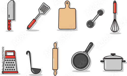 Essential kitchen tools collection chef knife whisk spatula cutting board rolling pin grater ladle measuring spoons and pot for culinary creation and recipe preparation