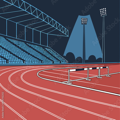 Night Athletics Track and Field Stadium with Hurdles.
