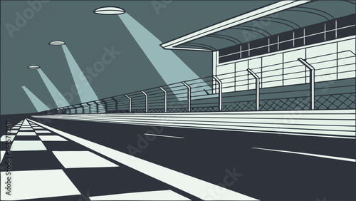 Night Race Track Checkered Start Line Pit Building and Protective Fence.
