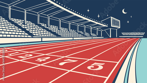 Night Stadium Running Track with Numbered Lanes.