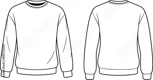 Cad drawing flat vector illustration of plain sweatshirt, front view, back view, fashion design, garment template, clothing mockup, apparel sketch