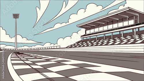 Race Track Finish Line with Grandstand and Checkered Flag Pattern.