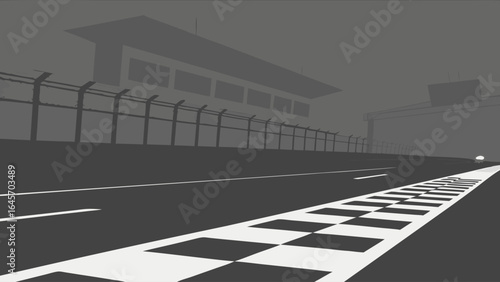 Race Track Finish Line with Pit Building Silhouette.