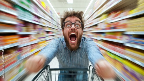 A man with a shocked expression speeds through a supermarket aisle in a shopping cart.