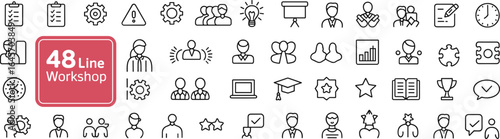 48 line workshop icons, business and productivity symbols, professional training, teamwork, leadership, success, strategy, development, planning, vector illustration