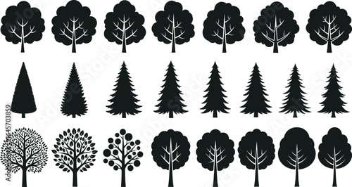 Diverse tree silhouettes, nature illustration, forest design, botanical graphic, evergreen and deciduous trees, vector icons, foliage shapes, landscape elements, environment