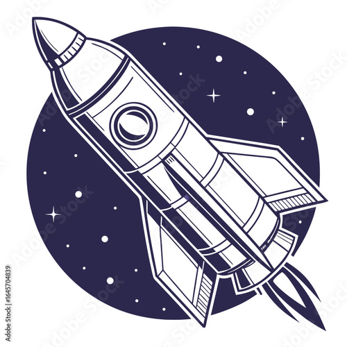 Rocket ship launching into space with stars, exploration and adventure
