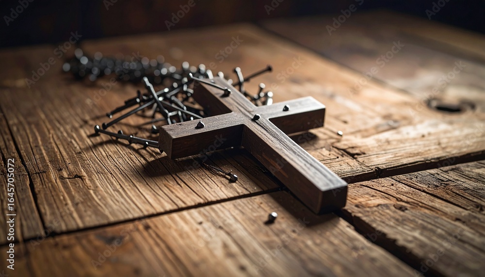 Fototapeta premium A wooden cross adorned with nails lies on a rustic wooden surface, evoking a sense of sacrifice and faith.