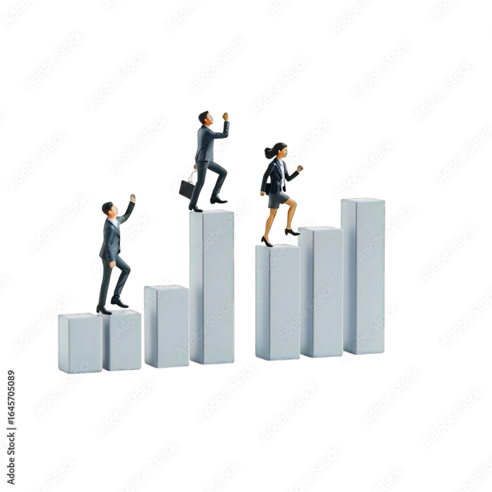 Business professionals climbing steps on a bar chart symbolizing career growth and success, isolated on transparent background Business professionals climbing steps on a bar chart symbolizing career growth and success, isolated on transparent background