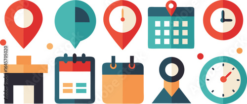 Time Management and Scheduling Icons Location, Calendar, and Clock Designs