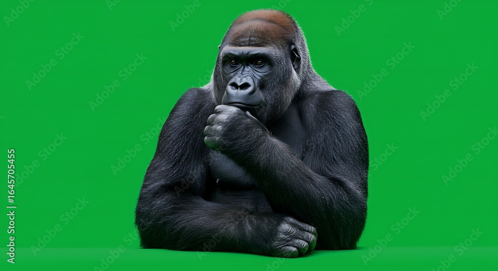 Obraz premium A gorilla sitting with its hand on its chin against a bright green background in a studio setting