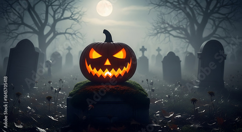 Glowing jack-o'-lantern on a tombstone in a foggy cemetery at night