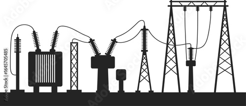 Electric power substation with high voltage transmission lines, transformers, utility poles, electricity infrastructure silhouette, energy distribution, vector illustration.