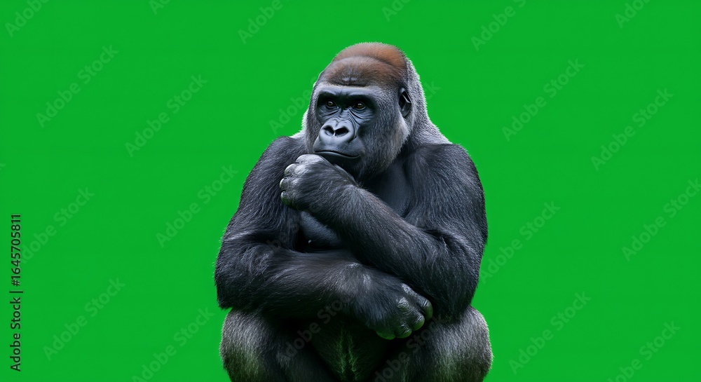 Obraz premium A gorilla with a thoughtful expression sitting against a bright green background in a studio setting
